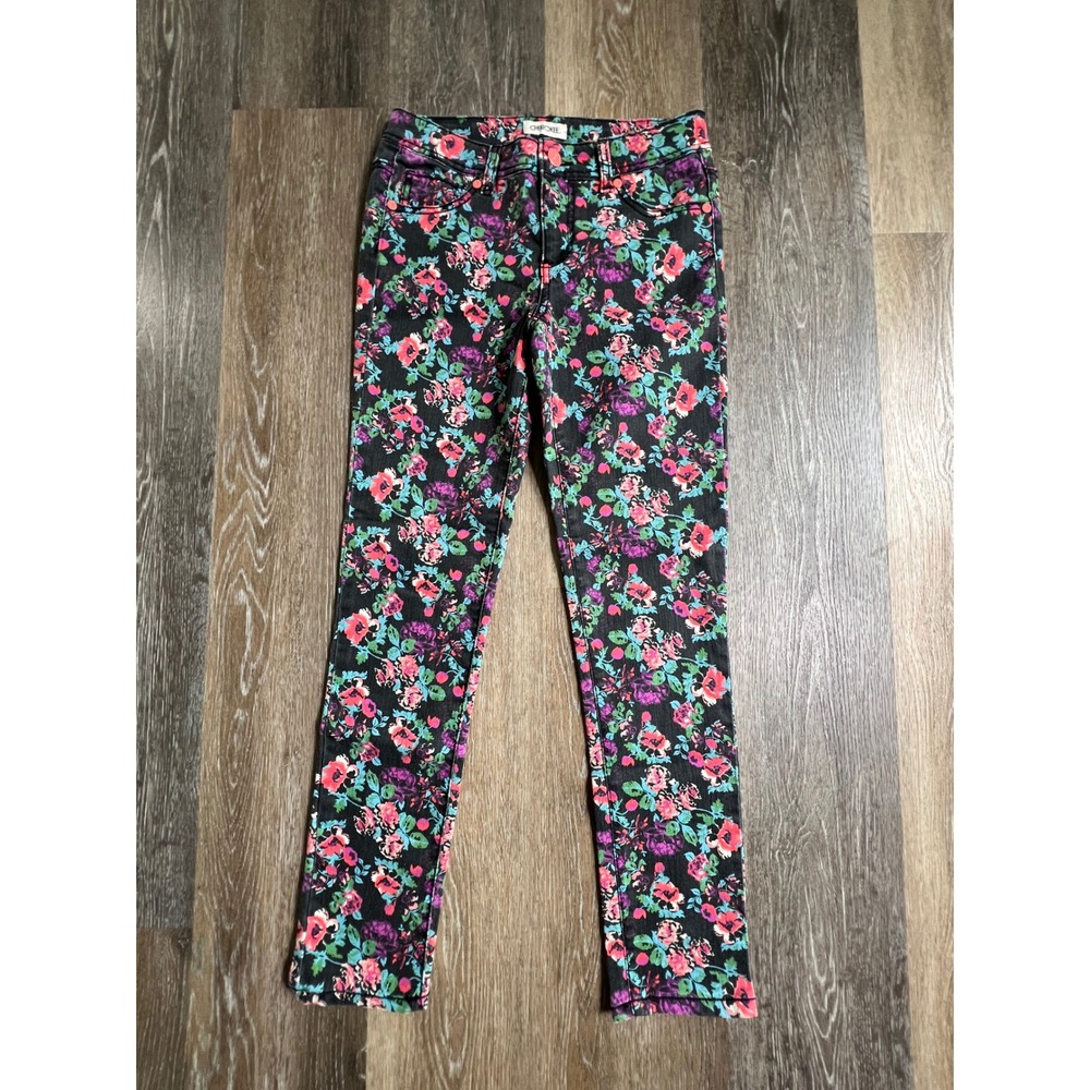 Cherokee Skinny Floral Pants Girls 14 Black Multi Color Rose Print Stretch